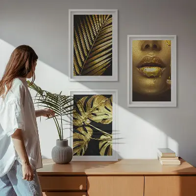 Three-piece monstera palm and woman's mouth wall art three-piece wall art piece