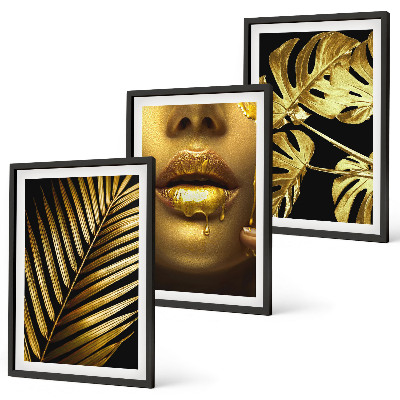 Three-piece wall art piece Monstera palm woman's mouth