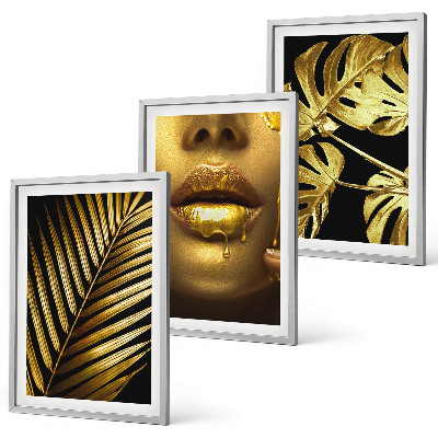 Three-piece wall art piece Monstera palm woman's mouth
