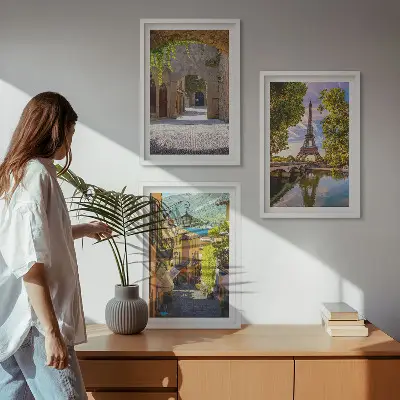 Set of 3 framed wall art pieces Streets of Eiffel architecture