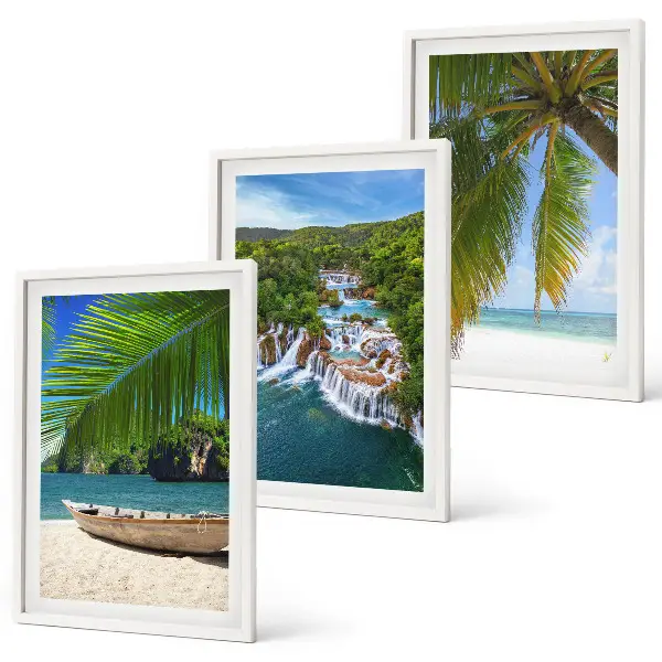 Three-piece wall art set featuring a beach, boat, waterfalls, and palm trees