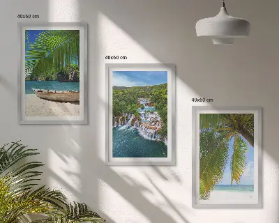 Three-piece wall art set featuring a beach, boat, waterfalls, and palm trees
