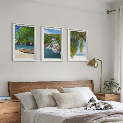 Three-piece wall art piece Beach, boat, waterfalls, palm trees