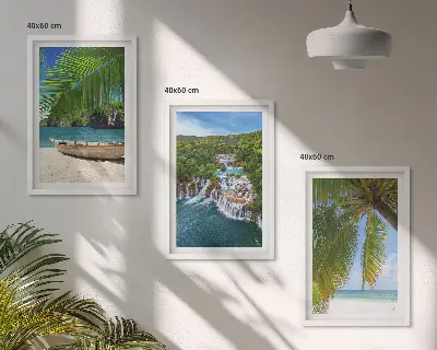 Three-piece wall art set featuring a beach, boat, waterfalls, and palm trees