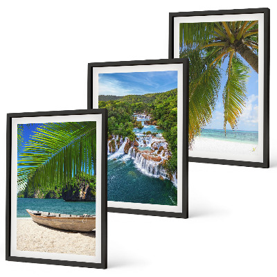 Three-piece wall art piece Beach, boat, waterfalls, palm trees