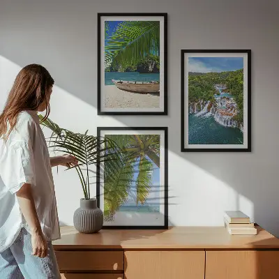 Three-piece wall art set featuring a beach, boat, waterfalls, and palm trees