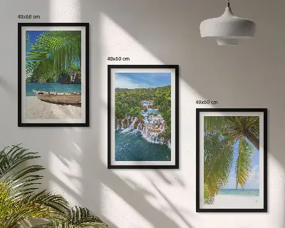 Three-piece wall art set featuring a beach, boat, waterfalls, and palm trees