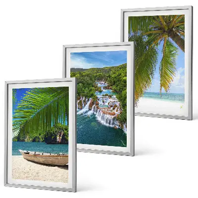 Three-piece wall art set featuring a beach, boat, waterfalls, and palm trees