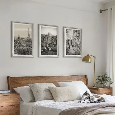 Set of 3 framed wall art pieces Views Paris New York stairs
