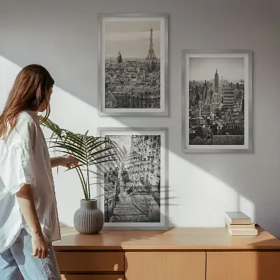 Set of 3 framed wall art pieces Views Paris New York stairs