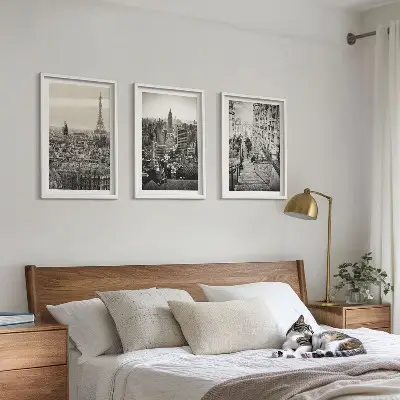 Set of 3 framed wall art pieces featuring views of Paris and New York stairs