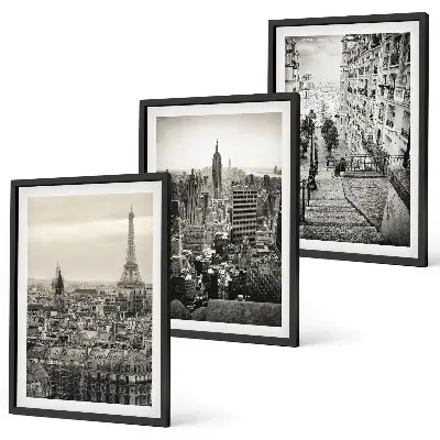 Set of 3 framed wall art pieces featuring views of Paris and New York stairs