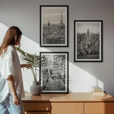 Set of 3 framed wall art pieces featuring views of Paris and New York stairs