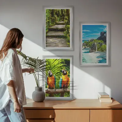 Wall art set tropical forest parrot and waterfall scene