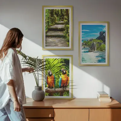 Wall art set tropical forest parrot and waterfall scene