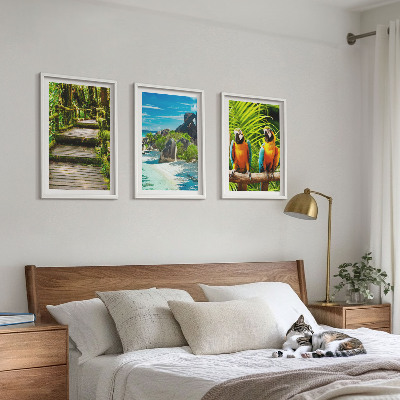 Wall art set Tropical forest parrot waterfall