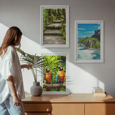 Wall art set tropical forest parrot and waterfall scene