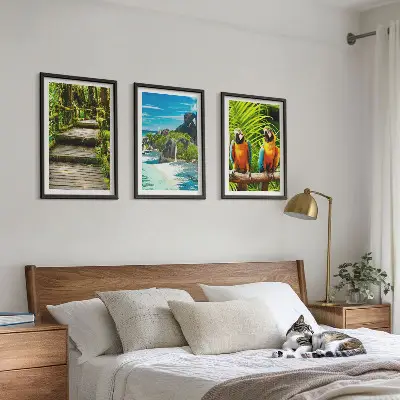 Wall art set tropical forest parrot and waterfall scene