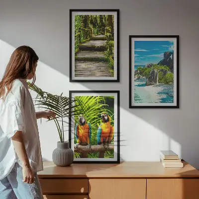 Wall art set tropical forest parrot and waterfall scene