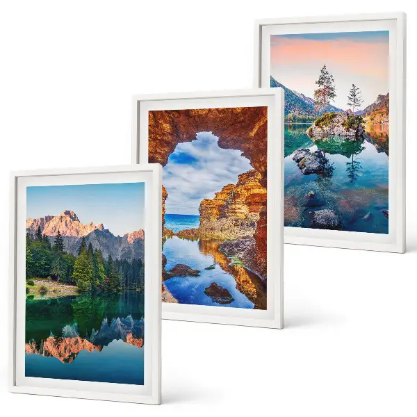 Three-piece wall art set mountain lake rock reflections