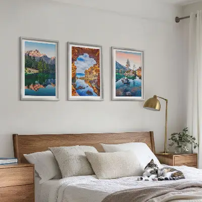Three-piece wall art set mountain lake rock reflections