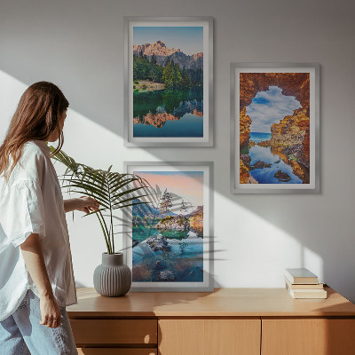 Three-piece wall art piece Mountain lakes rock reflections