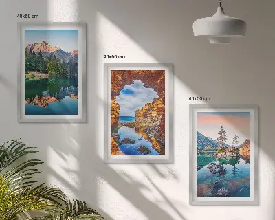 Three-piece wall art set mountain lake rock reflections