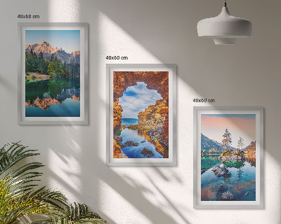 Three-piece wall art piece Mountain lakes rock reflections