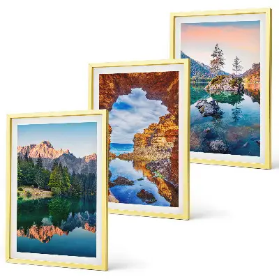 Three-piece wall art set mountain lake rock reflections