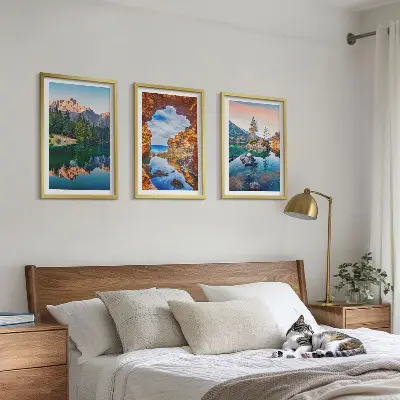 Three-piece wall art set mountain lake rock reflections