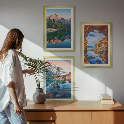 Three-piece wall art piece Mountain lakes rock reflections