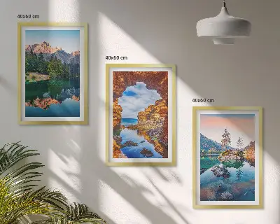 Three-piece wall art set mountain lake rock reflections