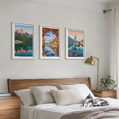 Three-piece wall art set mountain lake rock reflections