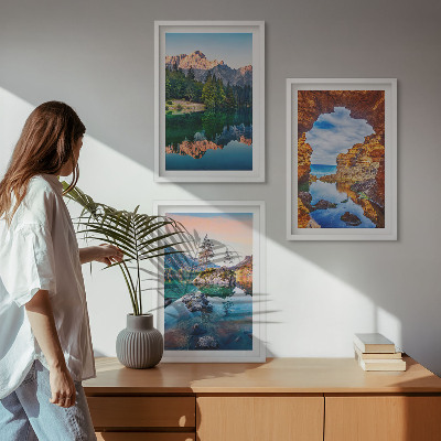Three-piece wall art piece Mountain lakes rock reflections