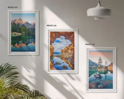 Three-piece wall art set mountain lake rock reflections