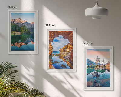 Three-piece wall art piece Mountain lakes rock reflections