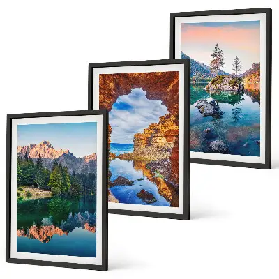 Three-piece wall art set mountain lake rock reflections