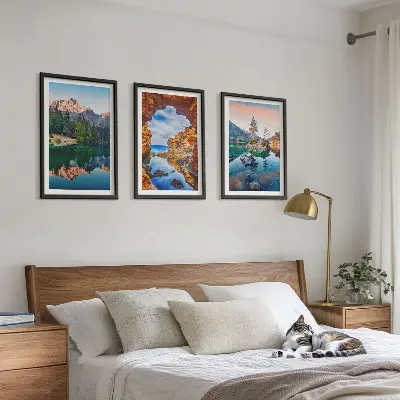 Three-piece wall art set mountain lake rock reflections
