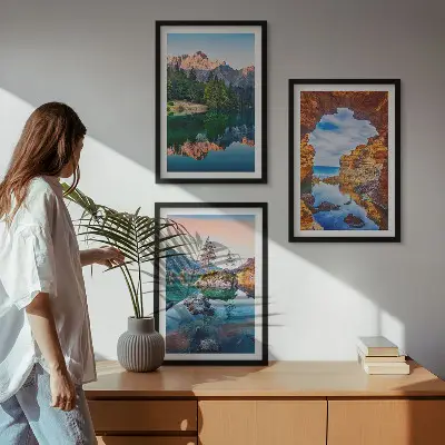 Three-piece wall art set mountain lake rock reflections