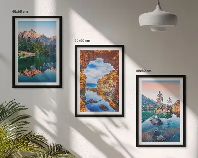 Three-piece wall art set mountain lake rock reflections