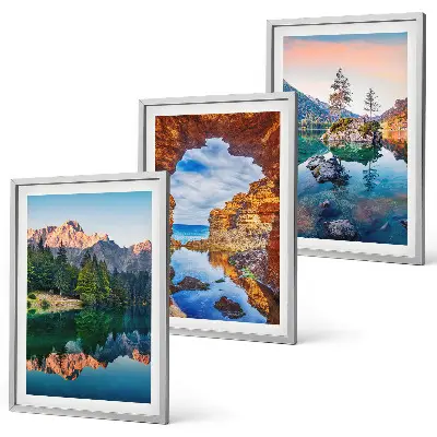 Three-piece wall art set mountain lake rock reflections