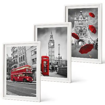 Set of 3 framed wall art pieces featuring Red Accents London