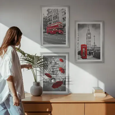 Set of 3 framed wall art pieces featuring Red Accents London