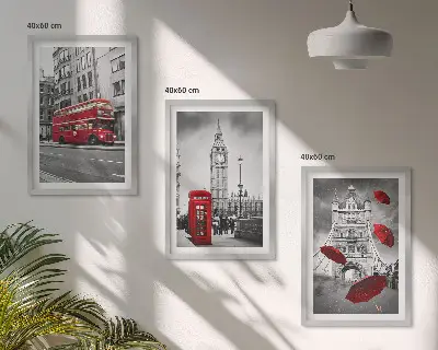 Set of 3 framed wall art pieces featuring Red Accents London