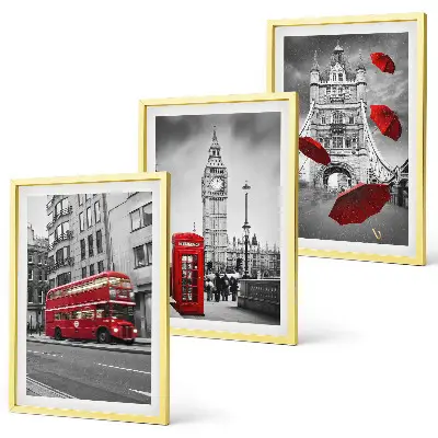 Set of 3 framed wall art pieces featuring Red Accents London