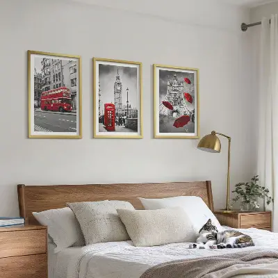 Set of 3 framed wall art pieces featuring Red Accents London