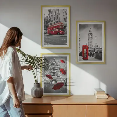 Set of 3 framed wall art pieces featuring Red Accents London