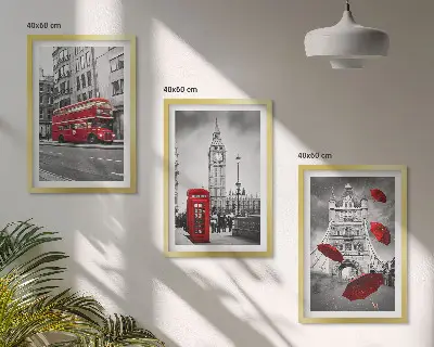 Set of 3 framed wall art pieces featuring Red Accents London
