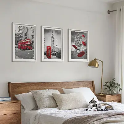 Set of 3 framed wall art pieces featuring Red Accents London