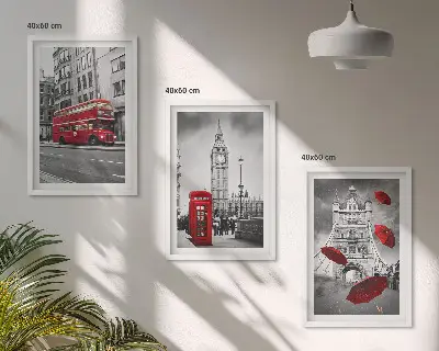 Set of 3 framed wall art pieces featuring Red Accents London